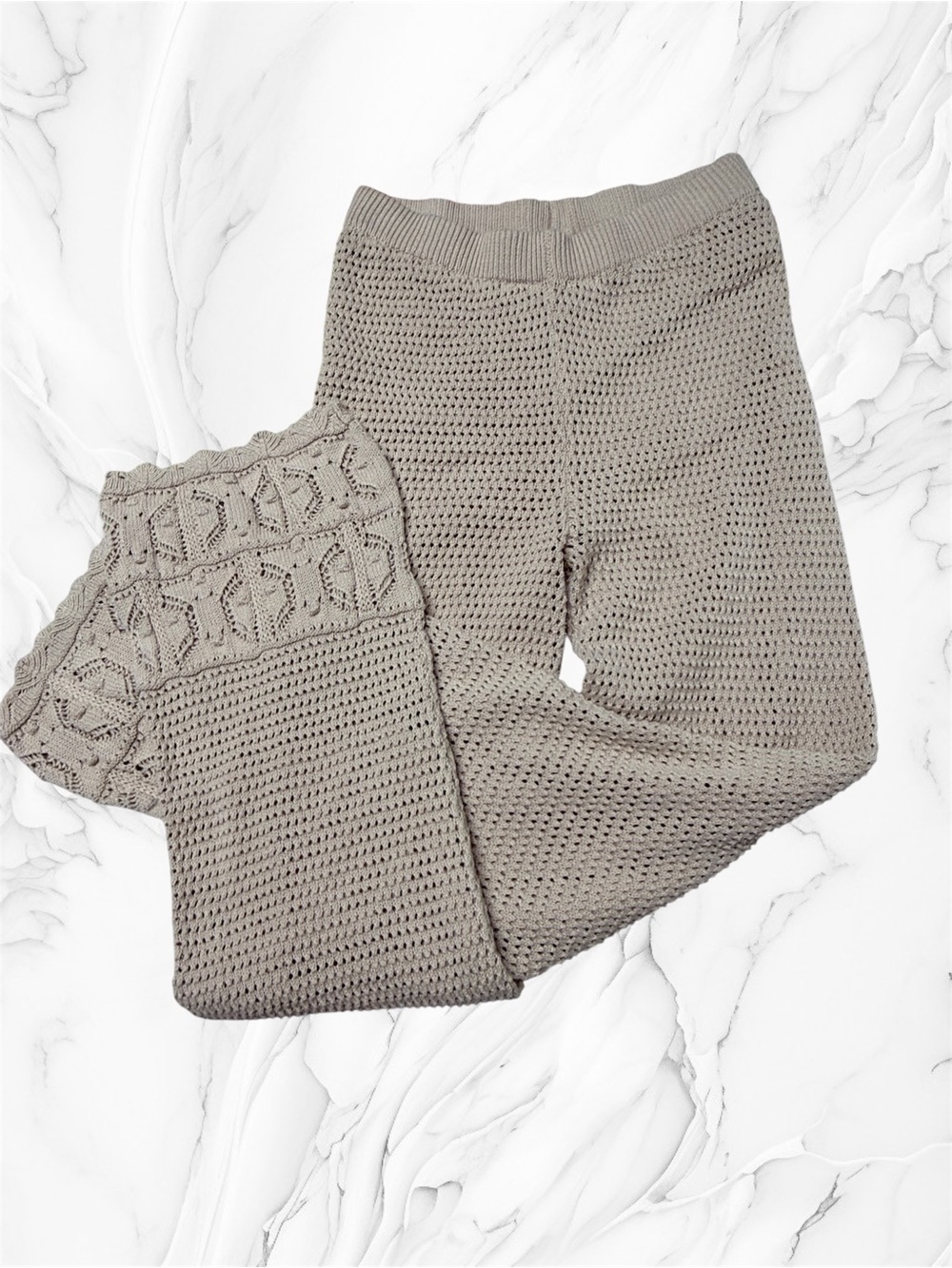 Pink Rose tan Cream crochet lined Knit flare Pants size medium